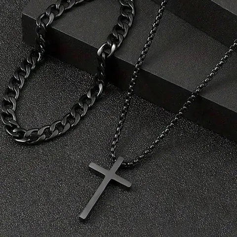 Men's Punk Hip Hop Cross Pendant Necklace & Curb Chain Bracelet, 2 Counts Matching Jewellery Gift Set Necklace and Bracelet Set Summer 2024 Fashion Jewelry for Party, Daily Decor, Trendy All-match & Exquisite Jewelry for Gift