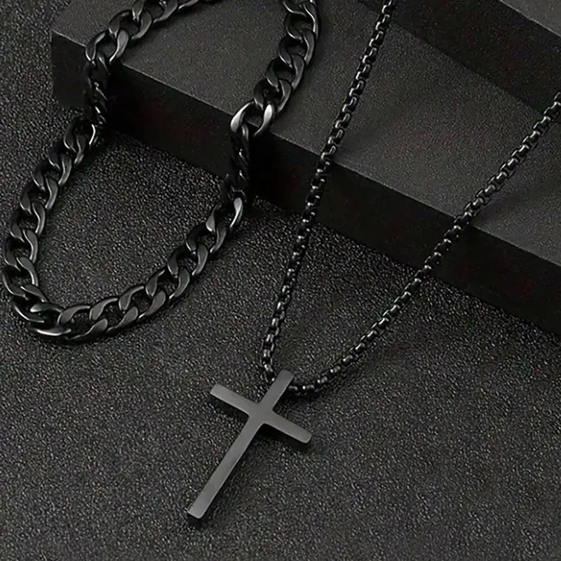 Men's Punk Hip Hop Cross Pendant Necklace & Curb Chain Bracelet, 2 Counts Matching Jewellery Gift Set Necklace and Bracelet Set Summer 2024 Fashion Jewelry for Party, Daily Decor, Trendy All-match & Exquisite Jewelry for Gift