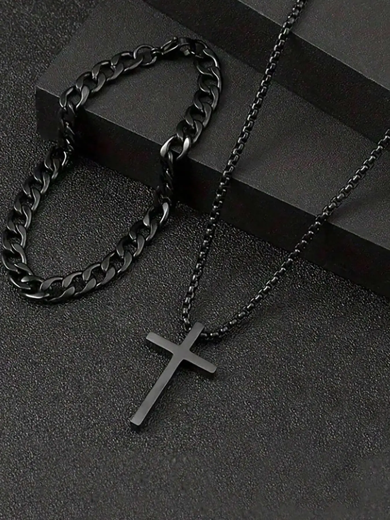 Men's Punk Hip Hop Cross Pendant Necklace & Curb Chain Bracelet for Summer, Accessories for Men, Fashion Jewelry for Party, Trendy All-match & Exquisi