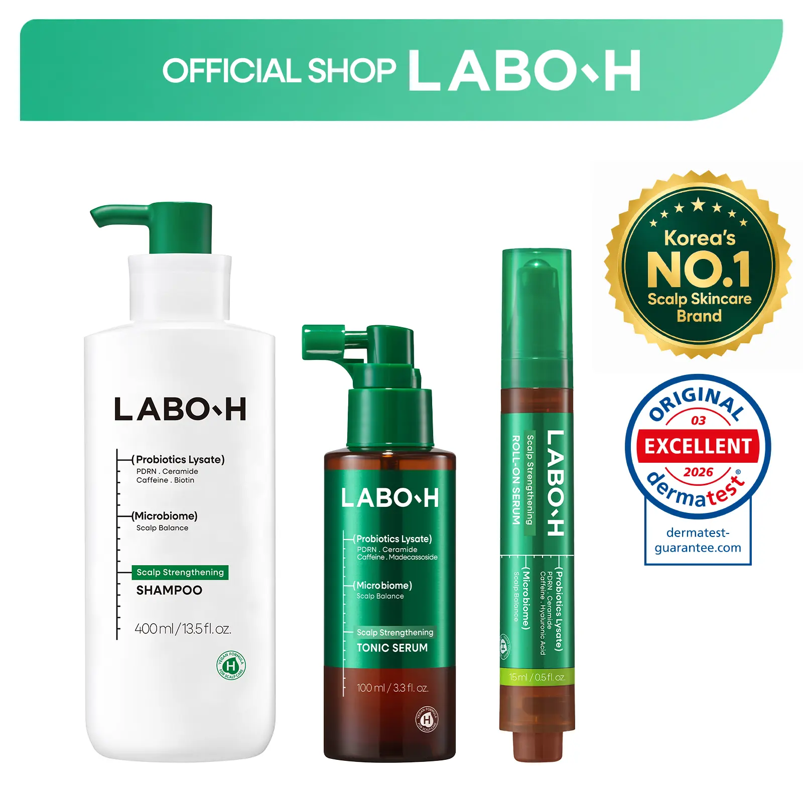 LABO-H Hair Growth Synergy Trio, Without Silicones | PDRN Shampoo, Cooling Scalp Tonic & Roll-On Serum | Korean Haircare