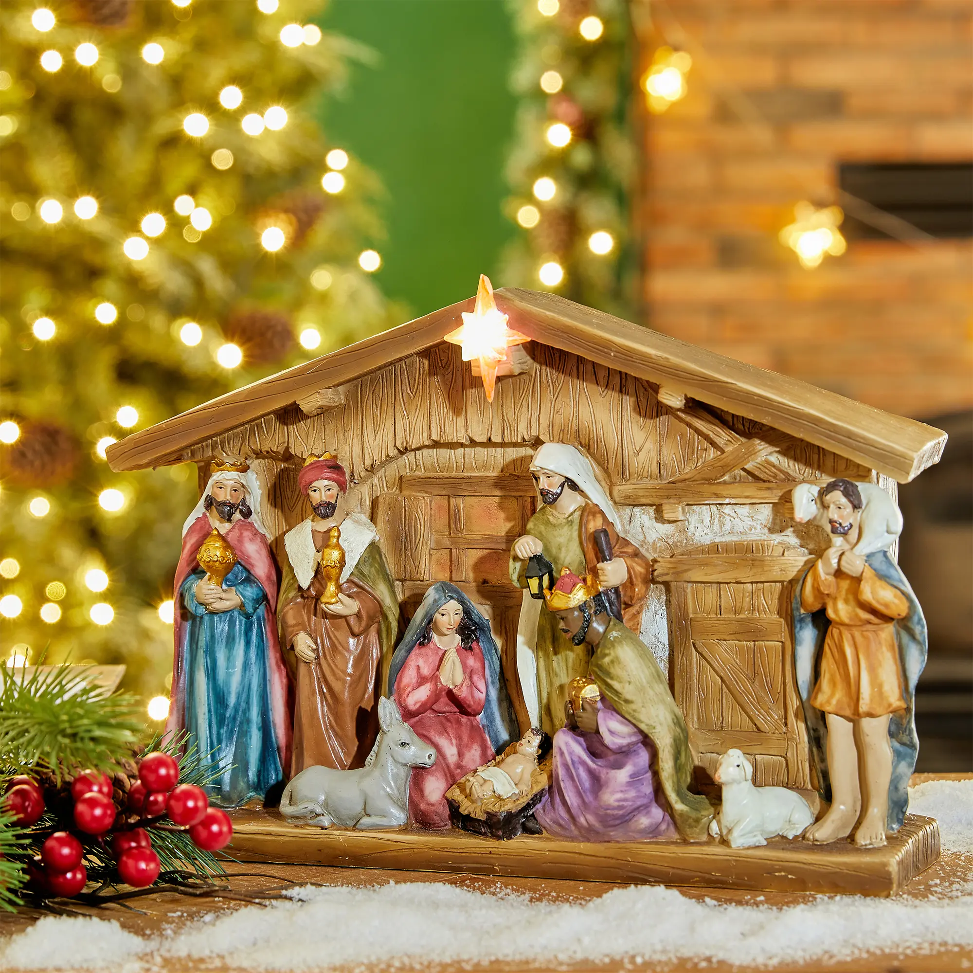 【Christmas in July】 Glitzhome 12.5"L Lighted Resin Nativity House