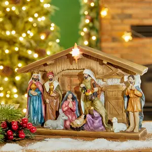 Glitzhome 12.5"L Lighted Resin Nativity House
