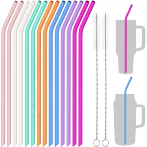 NiHome 14PCS Silicone Straws for Stanley 40oz 30oz Tumbler, 14” Extra Long Reusable Drinking Straw, Flexible Can Cut Length for 1/Half Gallon 75 64 OZ Large Water Bottle - 2 Cleaning Brushes