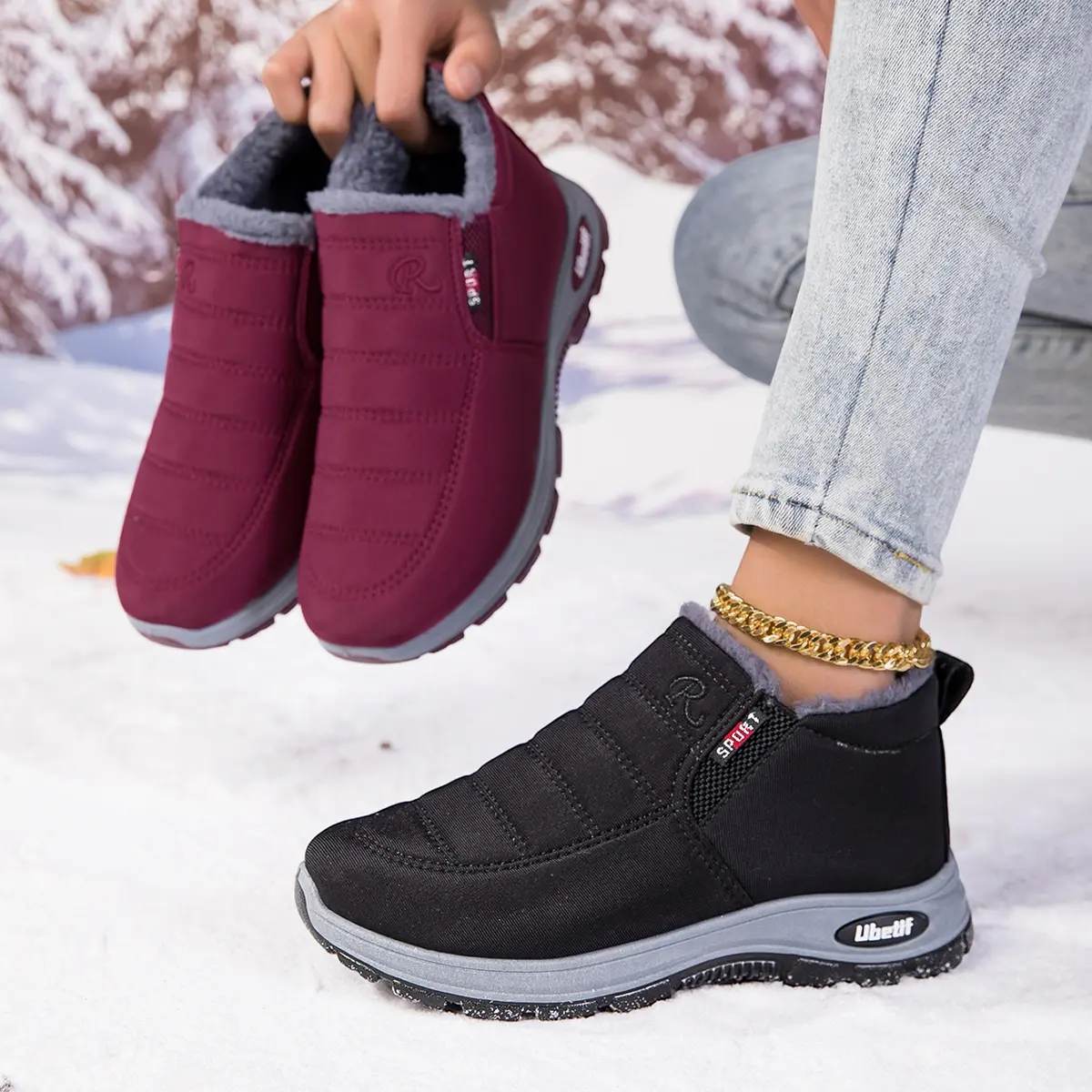 Winter Fleece-Lined Warm Snow Boots (Unisex) — Waterproof, Non-Slip, Slip-On Cotton Shoes for Middle-Aged and Elderly Adults