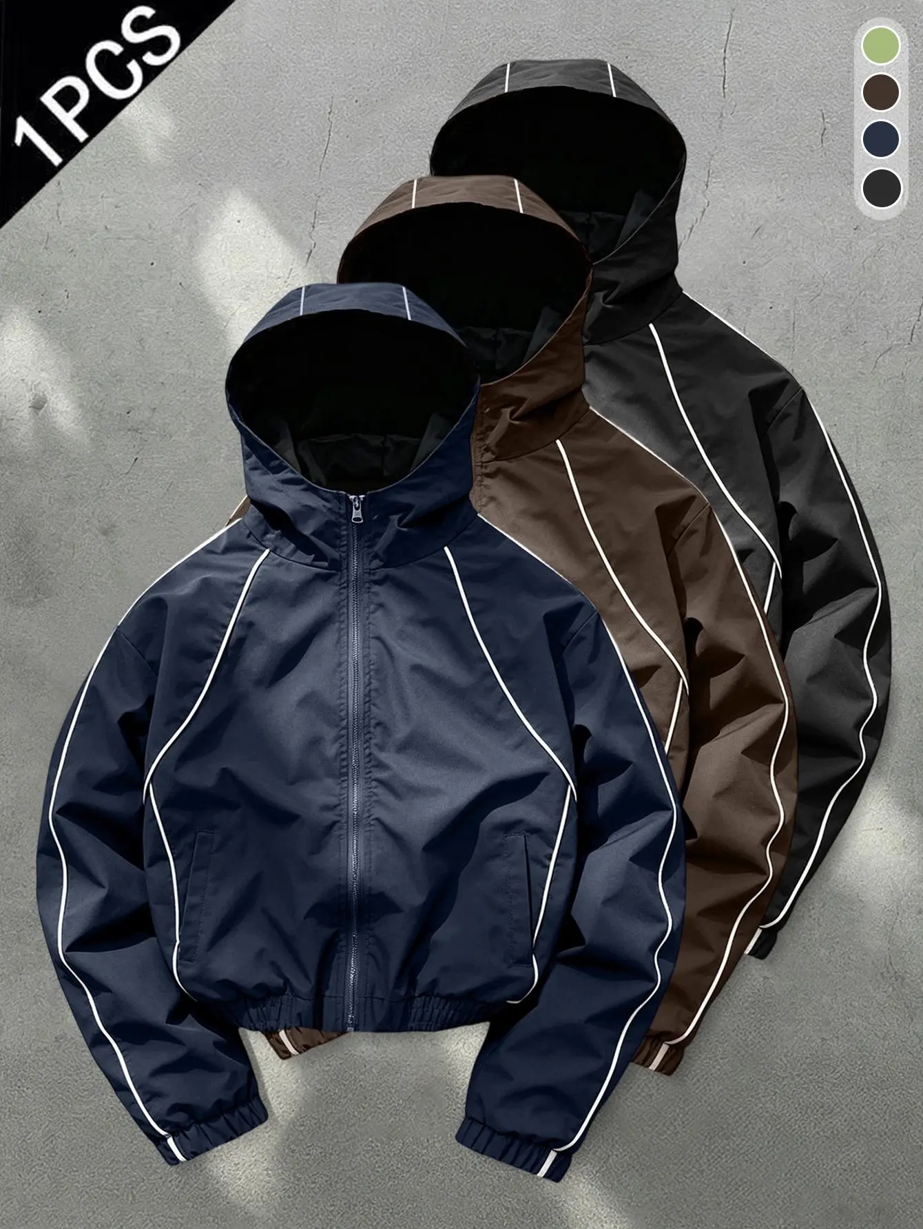 Men’s 3-pack solid-color contrast-trim hooded jackets with side slant pockets, elastic drawstring cuffs, wear-resistant and tear-resistant fabric—urban cycling, short trips, trendy street-style casual jackets