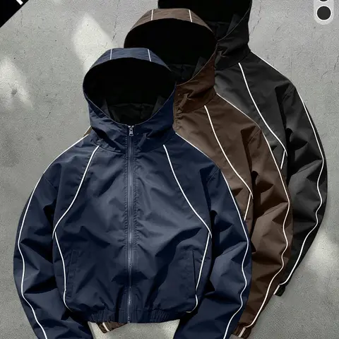 Men’s 3-pack solid-color contrast-trim hooded jackets with side slant pockets, elastic drawstring cuffs, wear-resistant and tear-resistant fabric—urban cycling, short trips, trendy street-style casual jackets