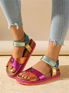 Women's Metallic Color Block Platform Sandals, Lightweight Ankle Strap Espadrille Shoes for Summer Vacation