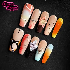 CuraTique | Dark Blossom 10PCS Handmade Press On Nails REUSABLE 3D Gel spring/summer 2025 / Prom