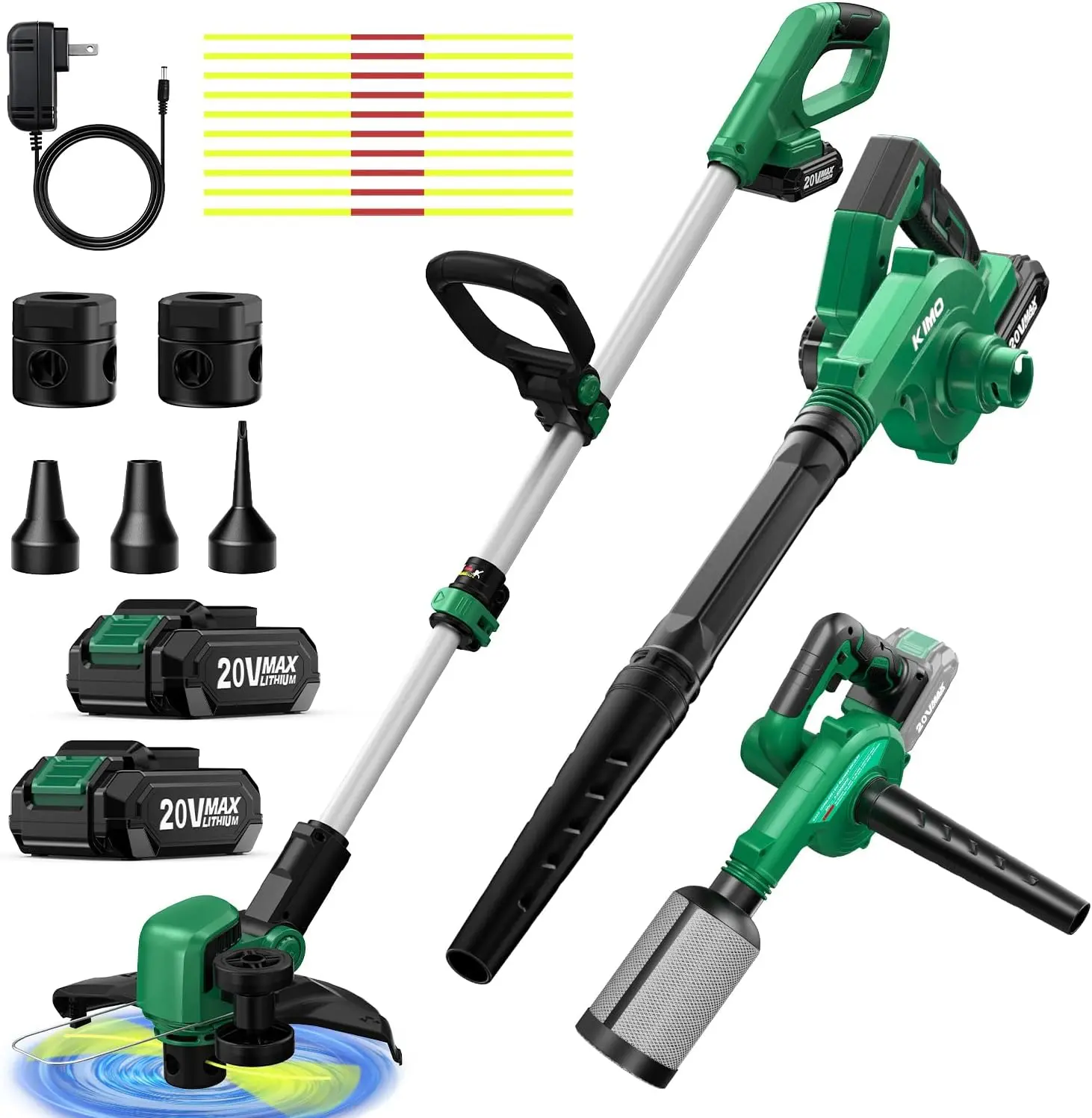 KIMO 20V Weed Wacker and Blower Combo w/2 x 2.0Ah Battery & Charger, Brushless Motor, 20000RPM 12" String Trimmer & Edger w/ 10PCS Cutting Lines, 260CFM/190MPH Cordless Leaf Blower w/Vacuum, 3 Nozzles