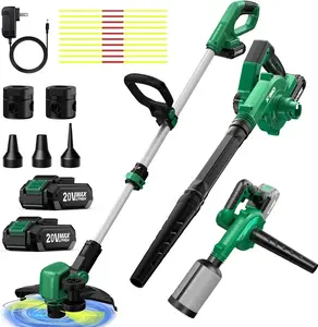 KIMO 20V Weed Wacker and Blower Combo w/2 x 2.0Ah Battery & Charger, Brushless Motor, 20000RPM 12" String Trimmer & Edger w/ 10PCS Cutting Lines, 260CFM/190MPH Cordless Leaf Blower w/Vacuum, 3 Nozzles