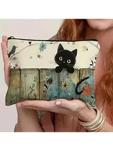 Charming Black Cat And Floral Design Zipper Bag - Durable, Colorfast, Lightweight Makeup Bag With Vivid Illustrations, Perfect Gift For Sisters, Students, And Friends, Portable Makeup Bag| Fun Design|Zipper Bag, Cat Lover Gift, Cat Lover Gift