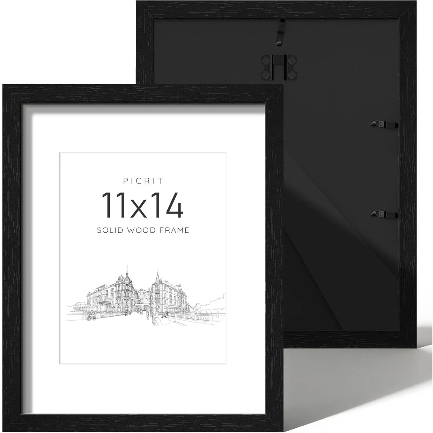 Picrit 2-Piece Rectangular Solid Wood Photo Frame Set - 11x14 Black Wood Grain with Black Backboard, Displays 8x10 with Mat or 11x14 Without Mat, Minimalist Modern Tabletop/Wall Frames for Gifts, Gallery Display, Room Decor