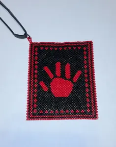 MMIW Beaded Pendant Necklace with Red Hand Design on Black Background Handcrafted Jewelry
