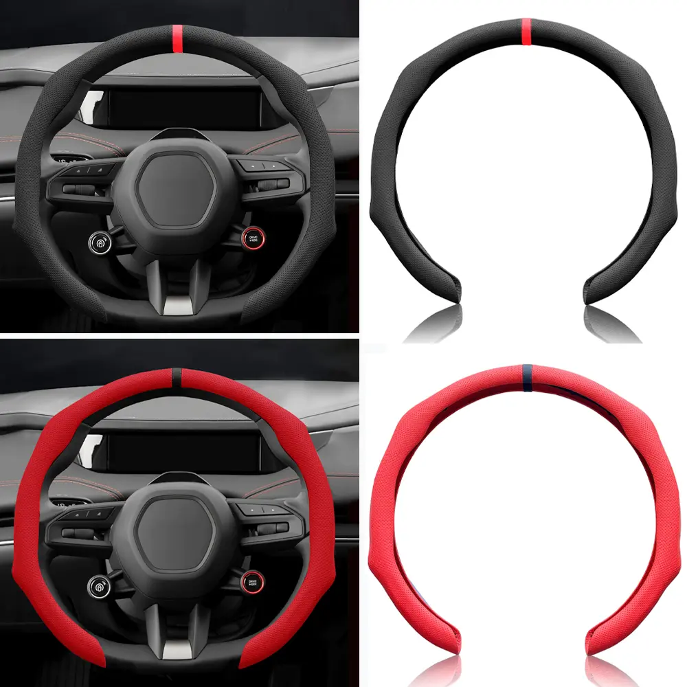 Sporty Perforated Nappa Leather 5D Steering Wheel Cover with Red Circular Trim Universal fit Any 14 ½ to 15 inches Car Pickup SUV Sedans