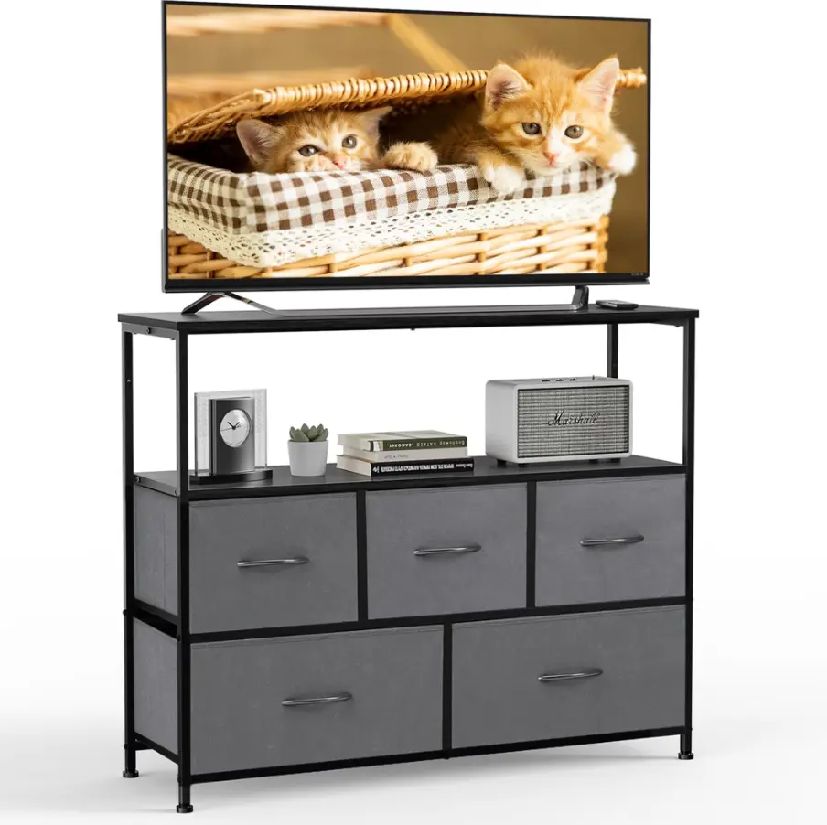 TV Stand with 5-Drawer Dresser for Bedroom, Storage Cabinet with 55-Inch TV Stand for Living Room, Gray