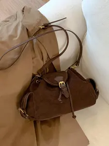 personality versatile retro shoulder bag, niche design leather stitching buckle with drawstring adjustable shoulder strap shoulder bag,   suitable to daily commuting, shopping and dating travel shoulder bag, Versatile Shoulder Bags, Trendy Commuting Bag