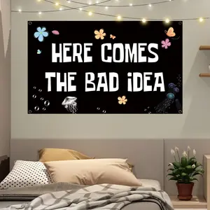Here Comes The Bad Idea Letter Pattern Backdrop, 1 Count Funny Background Banner, Wall Decor for Bedroom Living Room, Party Decoration Supplies