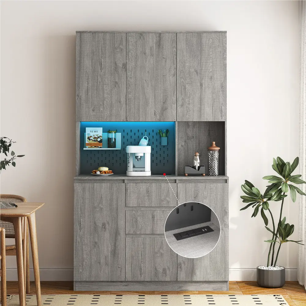 74" Modern Engineered Wood Freestanding Kitchen Pantry Cabinet - Color-Coated Compact Sideboard, Charging Station, Drawer, LED Lights, Microwave Stand for Living Room, Modern Kitchen Cabinets, Color-Coated Sideboards