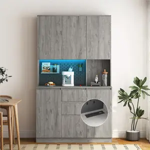 74" Modern Engineered Wood Freestanding Kitchen Pantry Cabinet - Charging Station, Buffet Sideboard with Drawer, LED Lights, Microwave Stand for Kitchen, Living Room