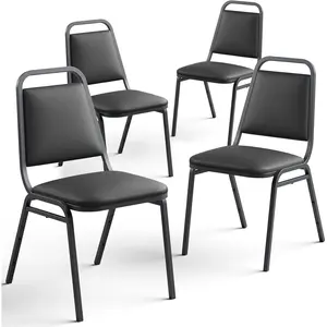 4 Pack Stacking Chairs No Assembly, Black Padded Reception Chairs with Built-in Handle, 300lbs Capacity Waiting Room Conference Office Guest Chairs Set of 4 for Home Restaurant