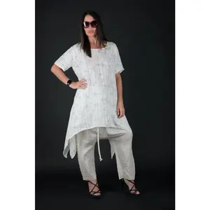 Off White Linen Top CAROLINE - Comfortable Tunic with Asymmetrical Design, Short Sleeves, Breathable Fabric, Ideal for Women's Wear