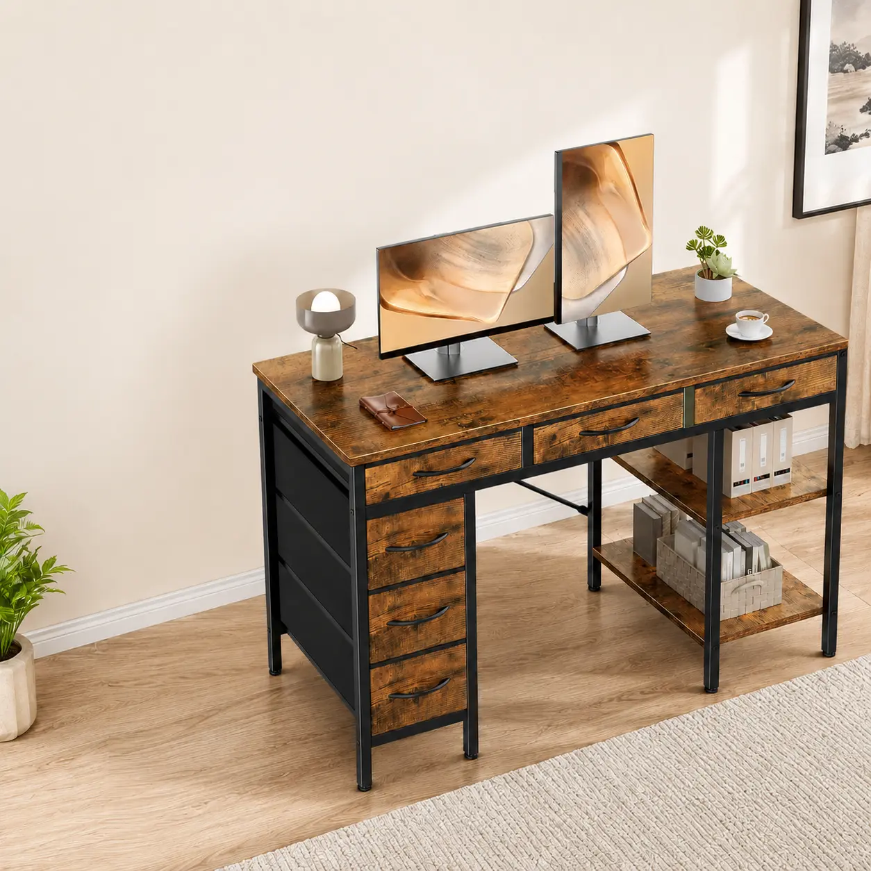 54 Inch Computer Desk with 6 Drawers and Storage Shelves, Reversible Gaming Desk, Corner Office Desk with Large Storage, Writing Workstation for Home Office, Study, Bedroom, Living Room, White/Rustic Brown