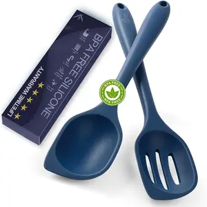 446?F Heat Resistant  Cooking Spoon Spatula,  Large Kitchen Solid and Slotted Spoons for Mixing, Serving, Scraping, Non-stick, Dishwasher Safe Classic Blue 12.5inch