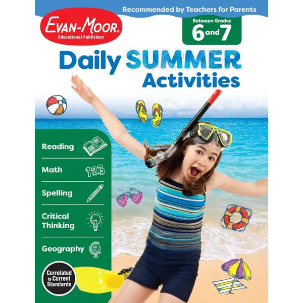 Evan-Moor Daily Summer Activities, Grade 6-7 Workbook, Prevent Learning Loss, Reading Comprehension, Writing, Math, Grammar, Punctuation, Spelling, Multiplication, Division, Fractions, Geography, Maps