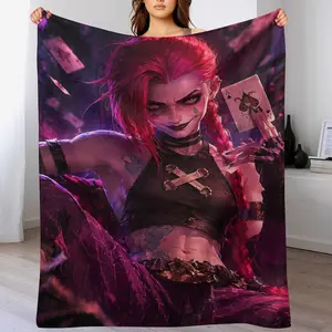 The *Arcane* Jinx-themed throw blanket features a neon-purple style graphic paired with Ace of Spades-themed artwork. Crafted from flannel, this blanket is designed specifically for fans—the perfect choice for those who appreciate unique aesthetics.