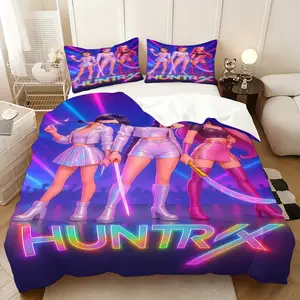Kpop Demon Hunters creative bedding three-piece set, personalized printing pattern, printed quilt three-piece set, bedding set, birthday gift for friends, New Year's holiday decoration, 1 quilt cover + 2 pillowcases (excluding core)