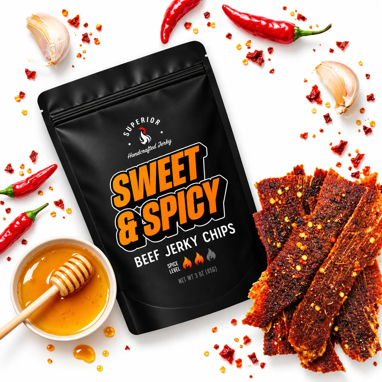 SWEET & SPICY • BEEF JERKY CHIPS Crunchy 3 oz SWEET & SPICY • BEEF JERKY CHIPS Crunchy 3 oz