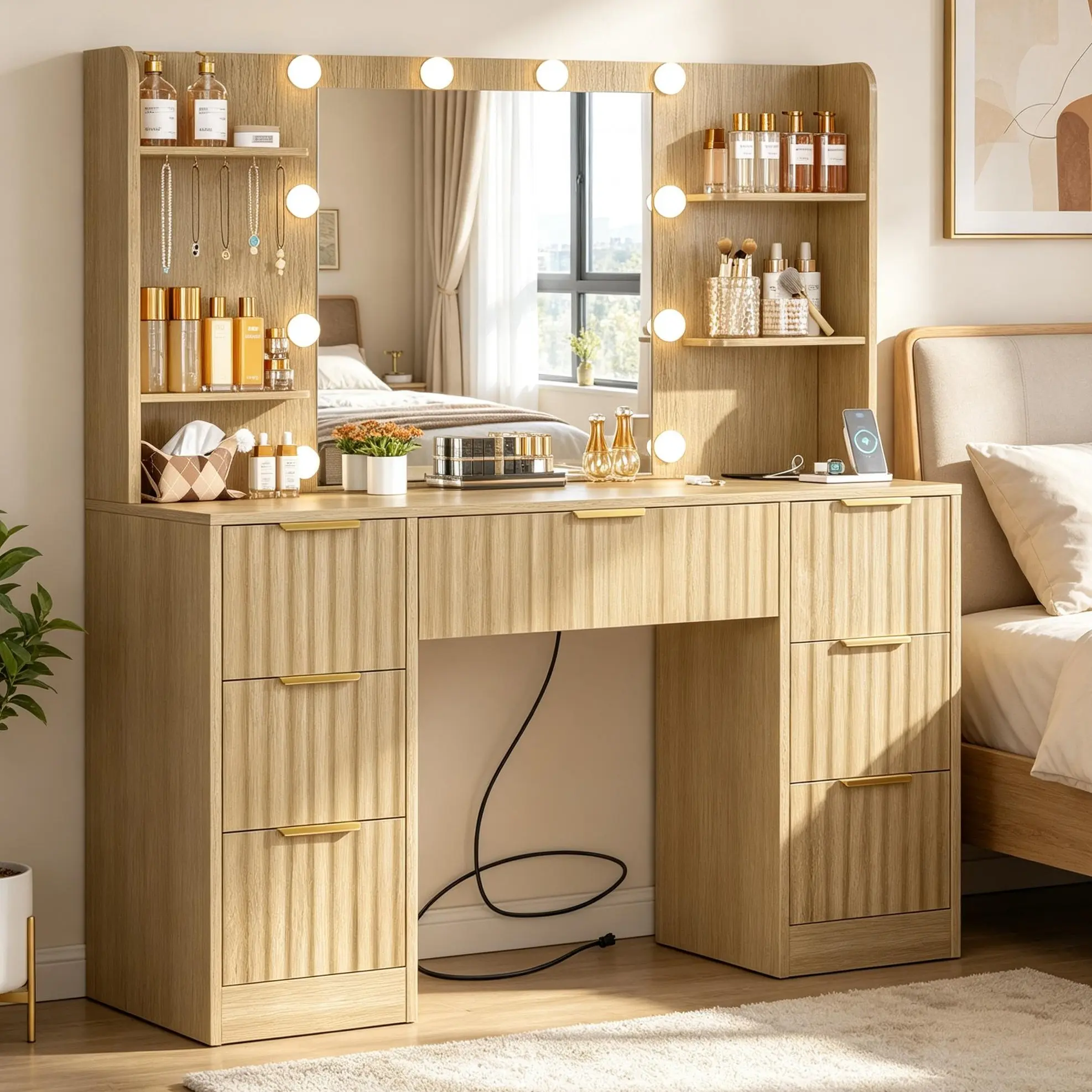 Fluted Vanity Desk with Mirror and Adjustable LED Lights & Power Outlet, Makeup Vanity Desk with 7 Drawers,4 Shelves and 5 Hooks, Vanity for Girls, Natural Oak