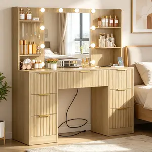 Fluted Vanity Desk with Mirror and Adjustable LED Lights & Power Outlet, Makeup Vanity Desk with 7 Drawers,4 Shelves and 5 Hooks, Vanity for Girls, Natural Oak summergarden