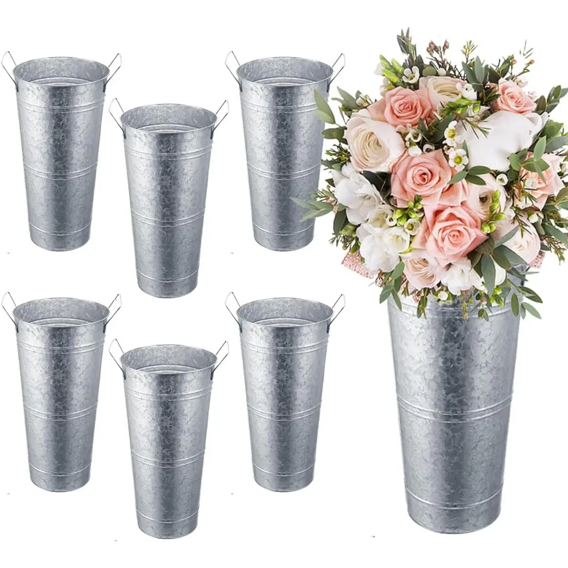 6 Pack Galvanized Metal Vases 9 Inch Flower Buckets Bulk Farmhouse   Bucket Metal Vase Decor for Home Decor and Wedding Table Centerpiece Decorations ()