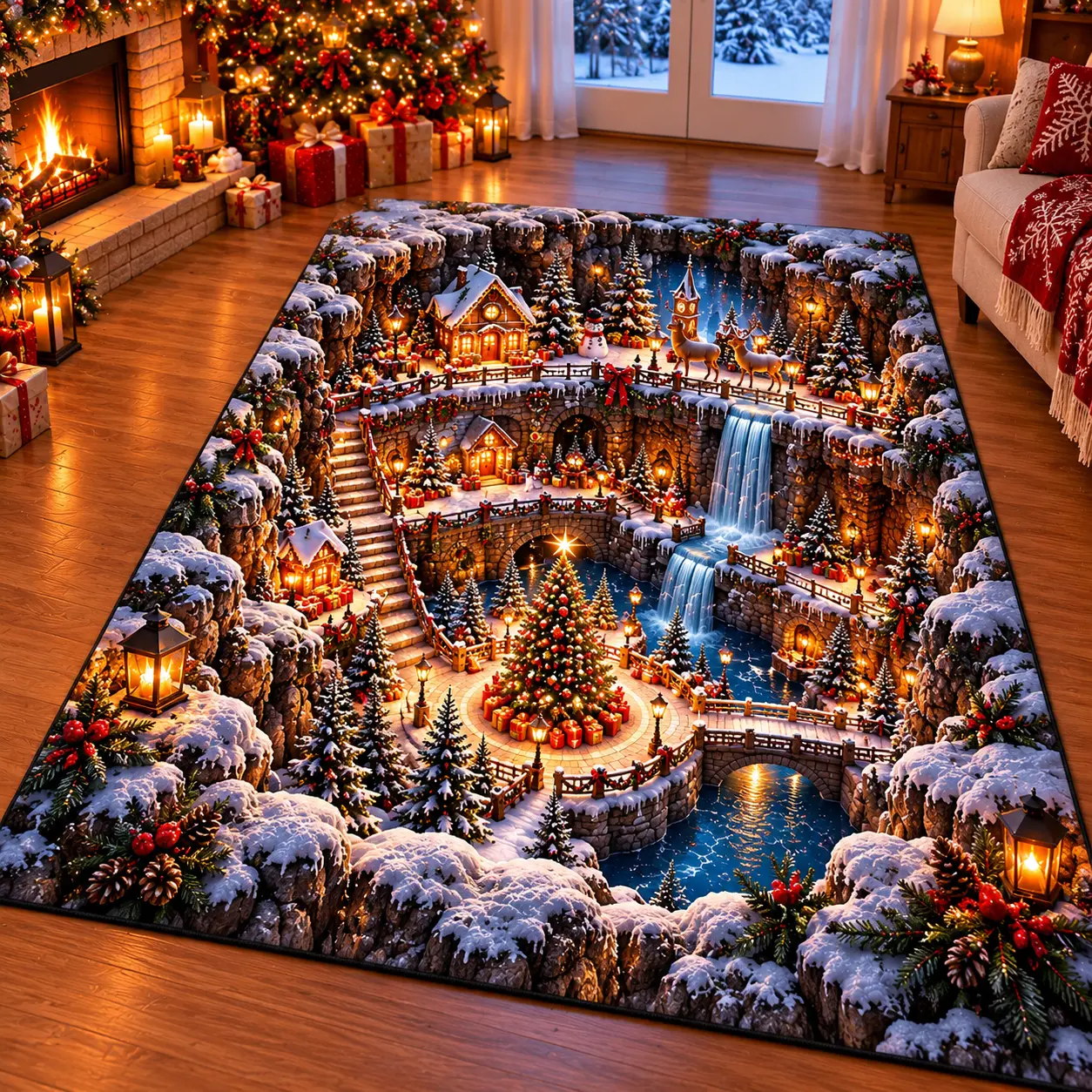 3D Christmas Village Waterfall Area Rug, Magical Snowy Mountain Canyon Illusion Carpet, Winter Wonderland Christmas Floor Mat, Holiday Home Decor for Living Room Bedroom