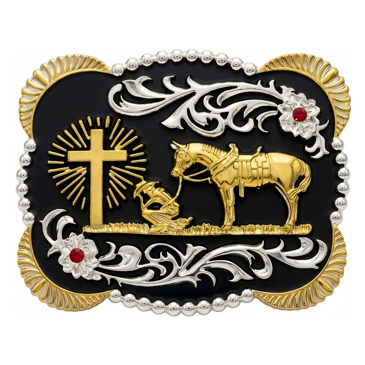 Heavy Duty Men's Western Belt Buckle with Praying Cowboy Animal Motif, Rhinestone Decor, Styling Cross Design, Snap-Closure for Rodeo Use, Rhinestone Decor Belt, Styling Cross Belt