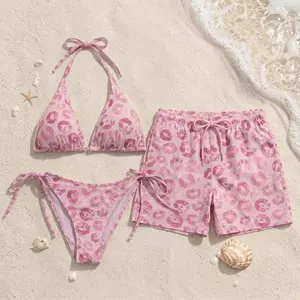[HOT SUMMER 2026] Flirty Pink Lips Print Couple Beachwear Set – Pink Kissing Lips Bikini & Men’s Swim Trunks, Tropical Beach Outfit