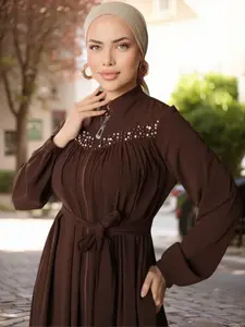 Brown Abaya Muslim Women Hijabi Cute Dresses Rhinestone Belted Modest Islamic Kaftan Dubai Style Long Maxi Dress Ramadan Modest Muslim Outfits