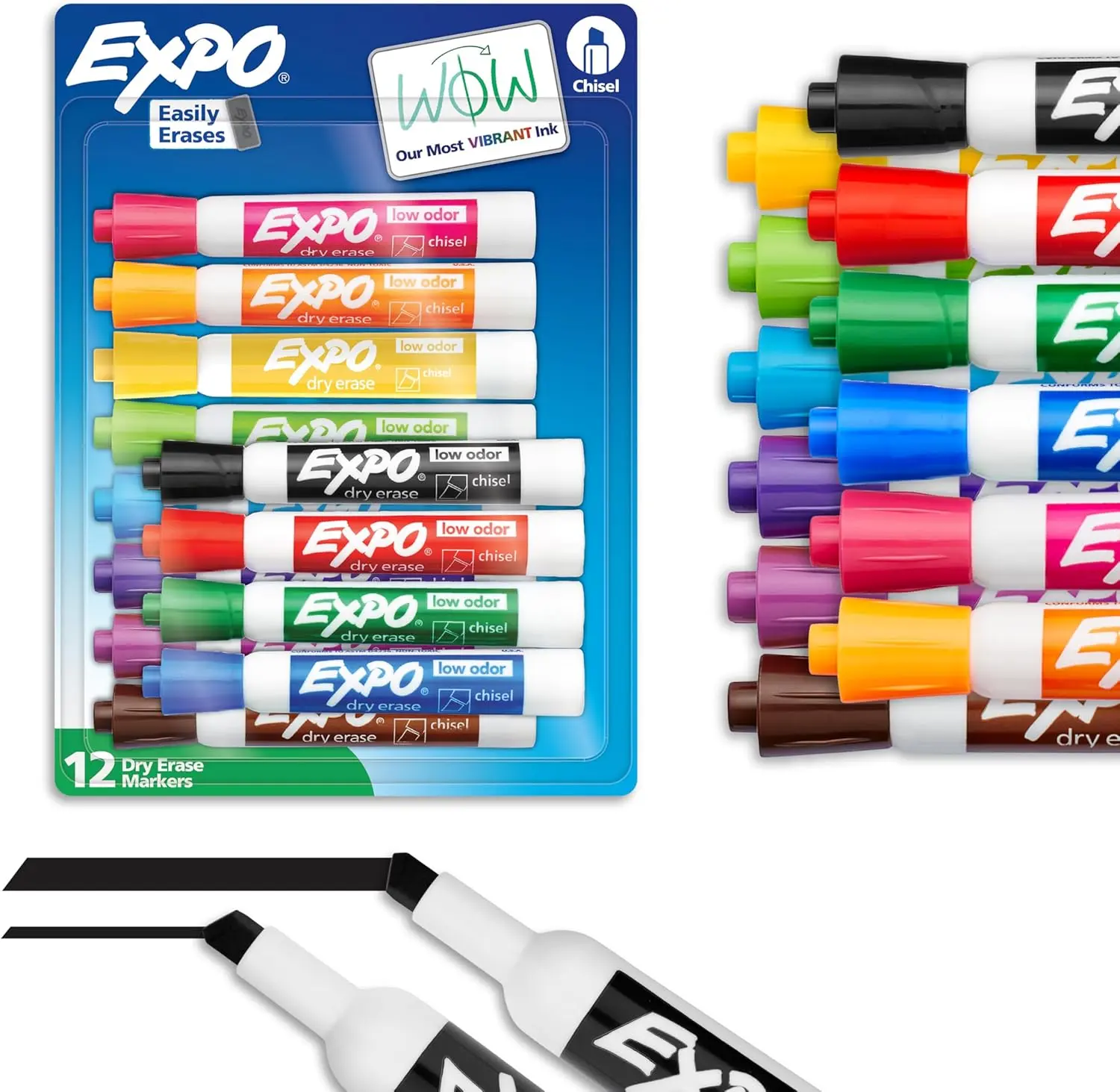 EXPO Dry Erase Markers Colored Markers Set - Low Odor Ink, Assorted Colors, Chisel Tip, 12-Count Bulk, Easy Erasure, Versatile Writing, Stationery Supplies for Drawing & Acrylic Surfaces