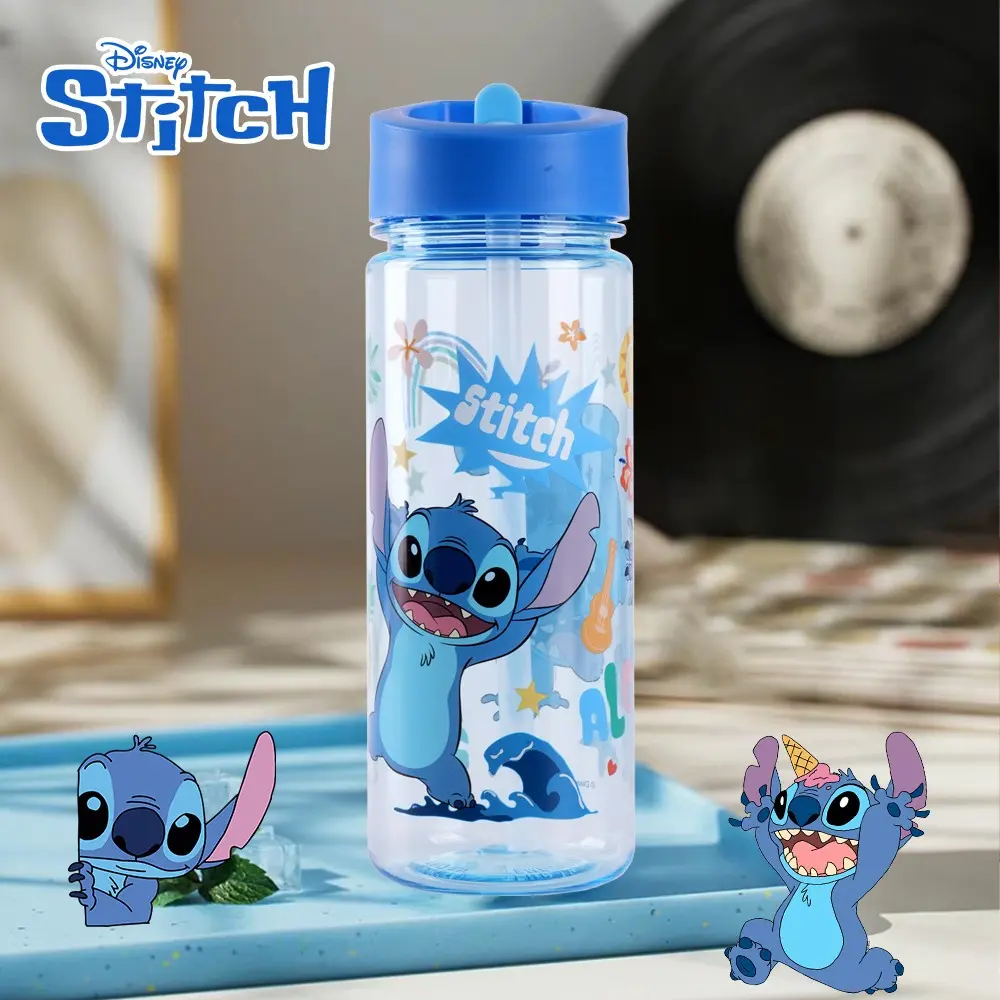 Disney Stitch 550ML Water Bottle with Straw, Cute Transparent Design, Leak-Proof, Shatter-Resistant & Portable, Ideal for Outdoors & Gifts