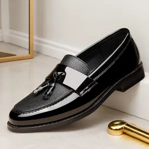 Men's Black Tassel Loafers, Premium Texture Slip-On Dress Shoes8668