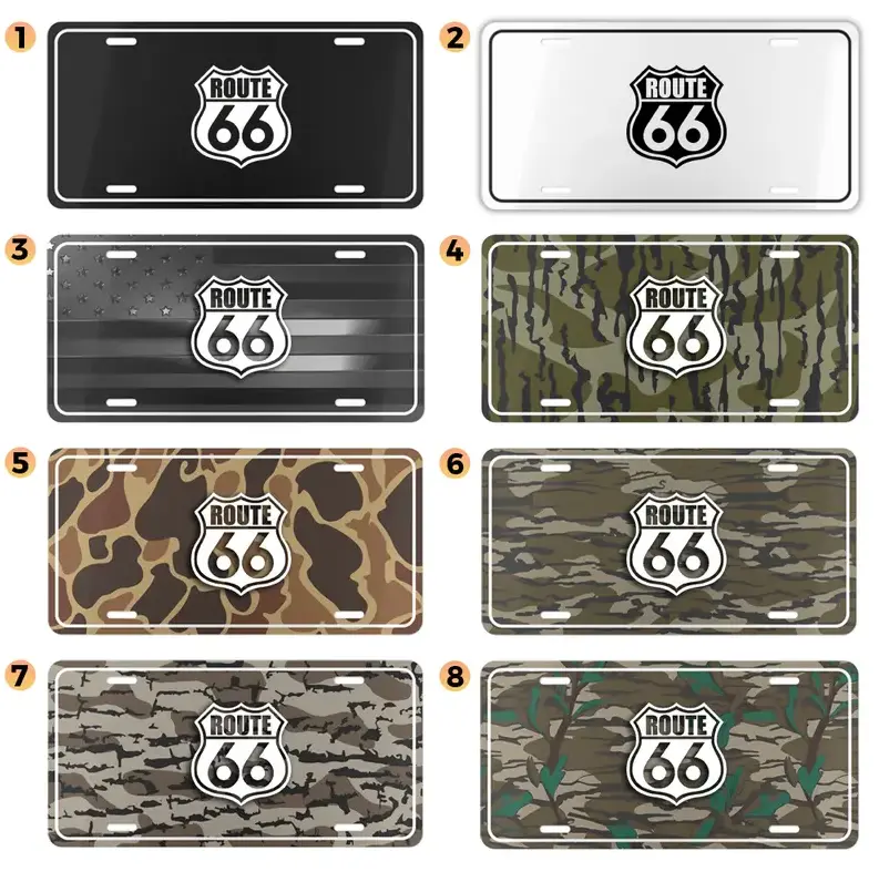[Route 66, Classic Highway, Camo, Road Trip, Americana] Route 66 Classic Highway Camo Aluminum License Plate, 12x6 Front Car Tag, Road Trip Garage Wall Decor Gift