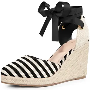 BLISSFUL STEP Stripe Lace Up Espadrilles Platform Wedge Sandals for Women