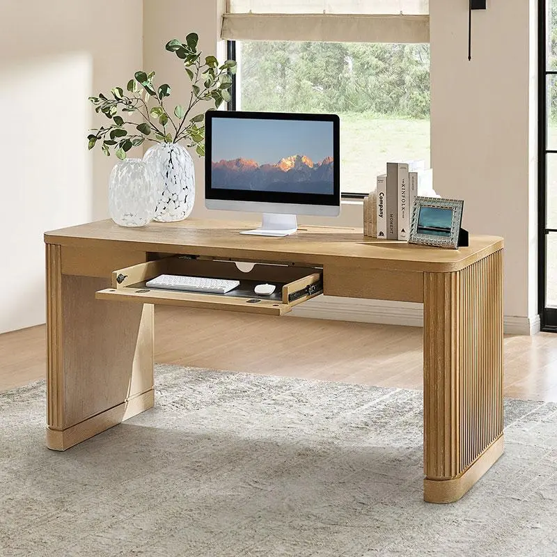 HULALA HOME Modern Home Office Desk with Fluted Wood Legs | Built-In Power Outlets & Cable Management | Spacious Keyboard Tray | Sleek Contemporary Workstation for Study, Remote Work, or Professional Office