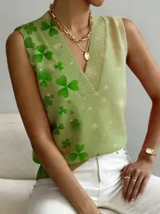 Women's St Patrick's Day Clover Print V-Neck Sleeveless Knit Sweater Vest, Casual Breathable Colorblock Top for Spring Summer Fall