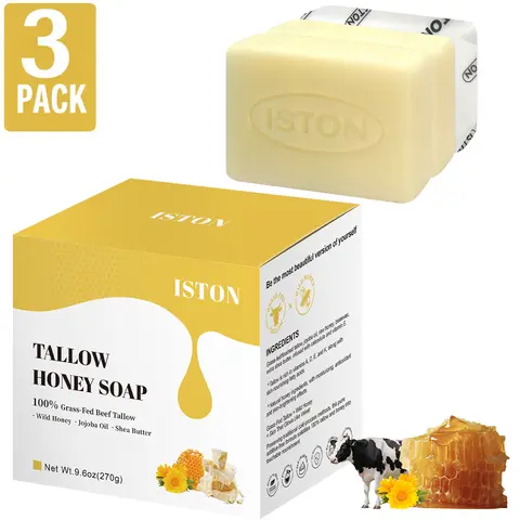 ISTON 3-Pack Handmade 100% Grass-Fed Tallow & Wild Honey Cleanser Soap (9.6 oz) - Unscented, Orange, Lavender Scents, Gentle Clean & Nourish, Skin Repair, Sensitive Skin Body Care, New Year's Gifts