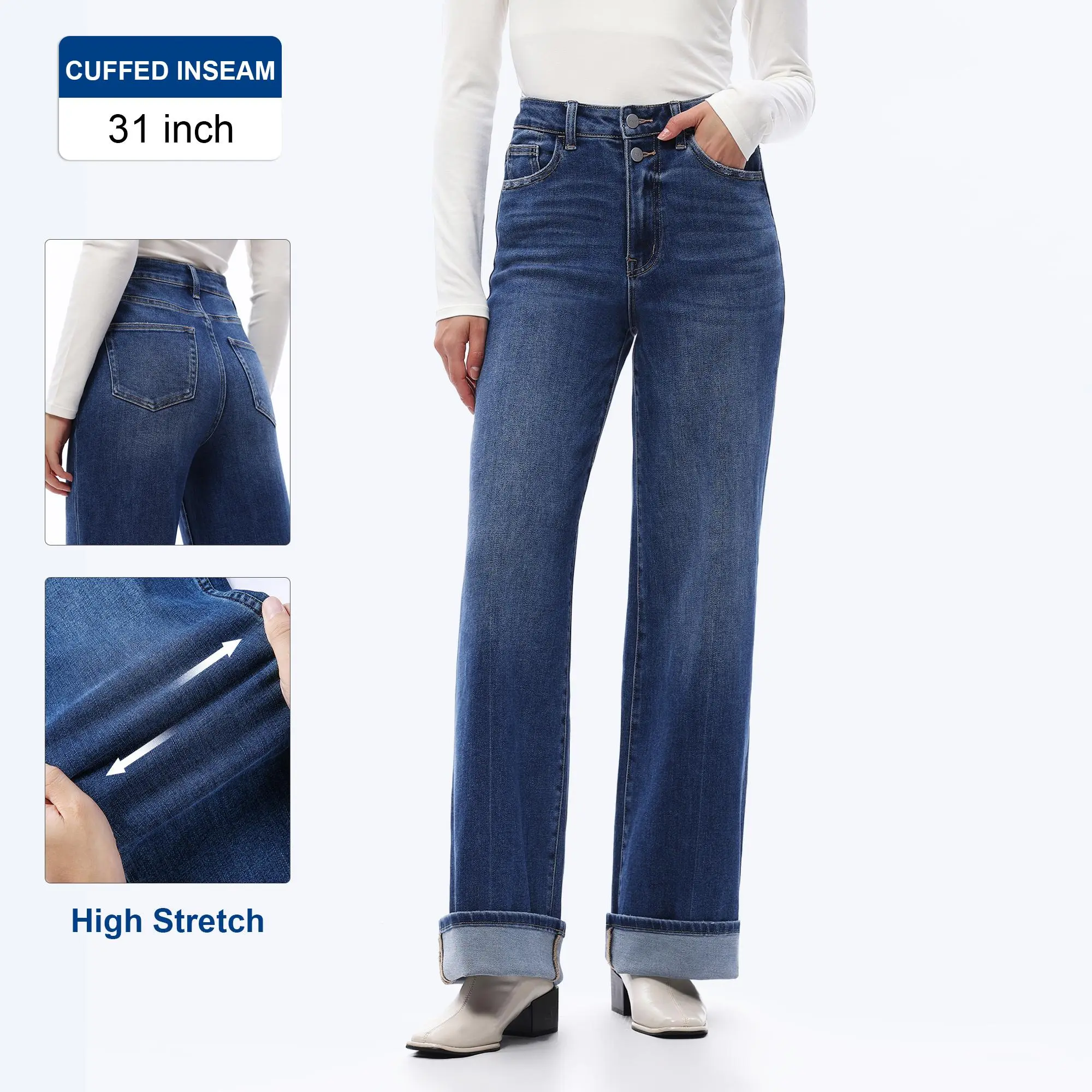 High Rise Rolled Hem Wide Leg Jeans for Women Stretch Denim Mid-Blue Wash  Womenswear Streetwear