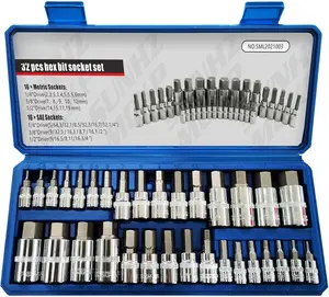 32 count Allen Socket Set, 1/4", 3/8", & 1/2" Drives Hex Bit Socket Set, Include Complete SAE and Metric Size Socket Set, S2 & Cr-V Steel and Enhanced Storage Case