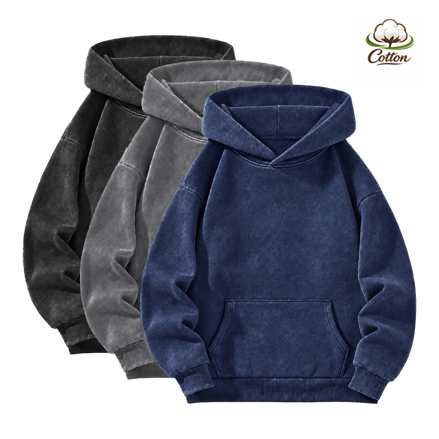 Men’s autumn/winter casual fleece-lined cotton pullover hoodie, featuring an acid wash/water wash process and kangaroo pockets, retro style, sizes S–XXL; women’s matching hooded sweatshirt (suitable for all seasons).