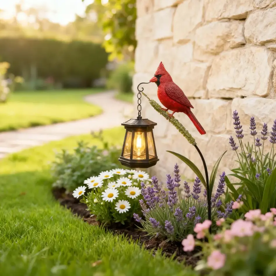 Solar Red Cardinal Garden Stake Lights Outdoor Decor, Hanging Waterproof Lantern Pathway Light Landscape Lighting for Yard Patio Porch Flower Pot Planter, Whimsical Resin Bird Figurine Sculpture Ornament Backyard Decoration Housewarming Mother's Day Gifts